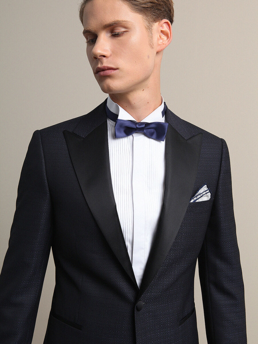 Navy Blue Plain Slim Fit Double Breasted Collar Weaving Tuxedo - 1