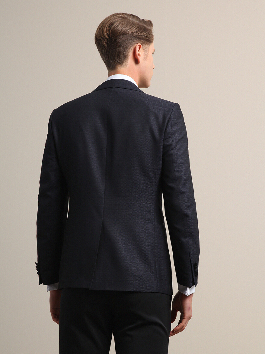 Navy Blue Plain Slim Fit Double Breasted Collar Weaving Tuxedo - 4
