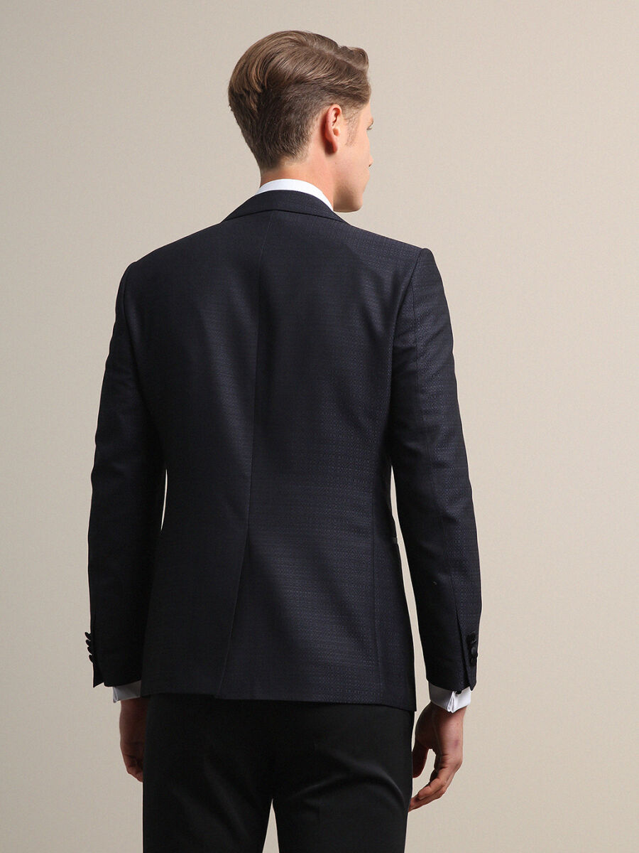 Navy Blue Plain Slim Fit Double Breasted Collar Weaving Tuxedo - 4