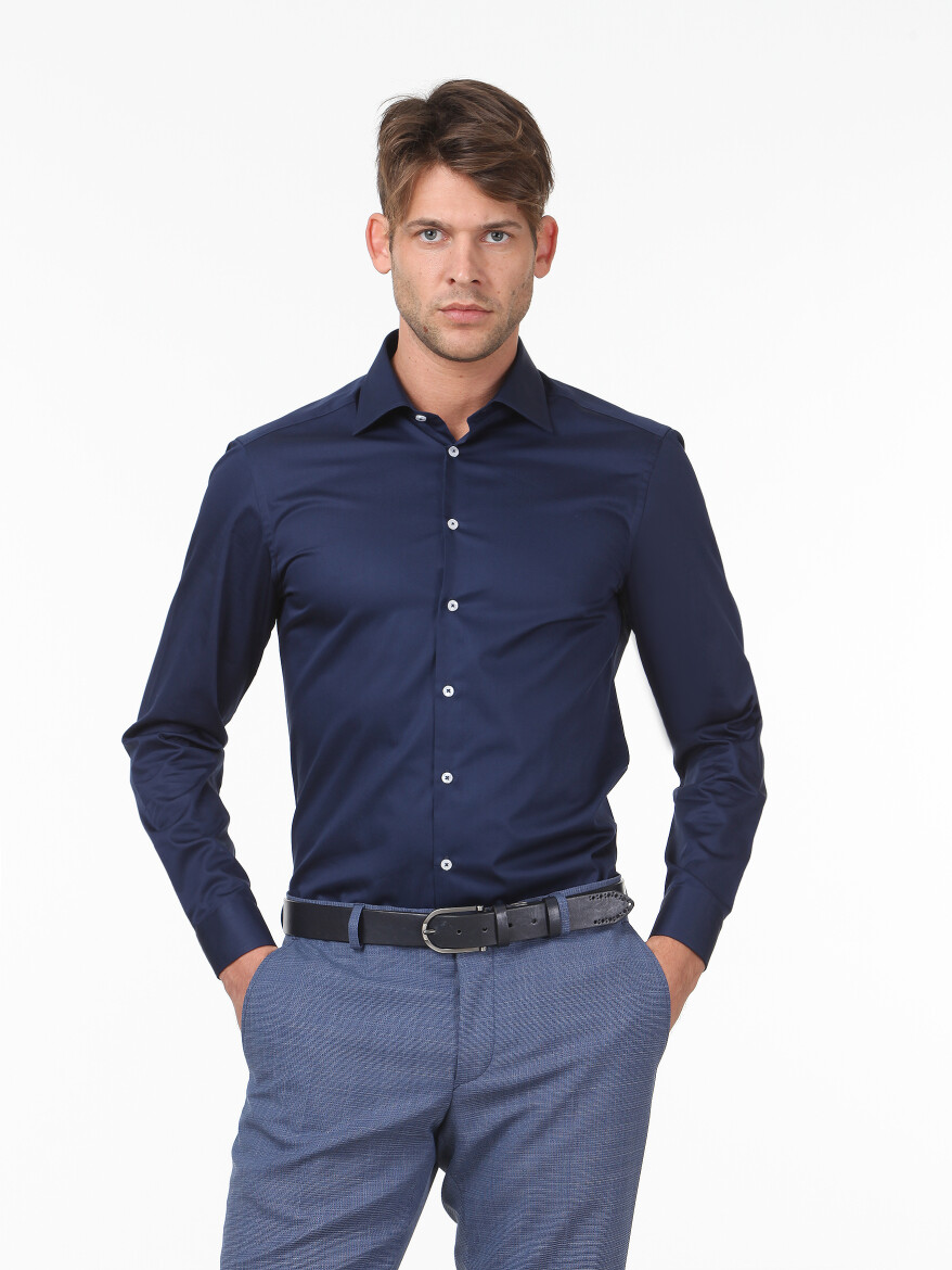 Navy Blue Plain Slim Fit Long Weaving Classical 100% Cotton Shirt 