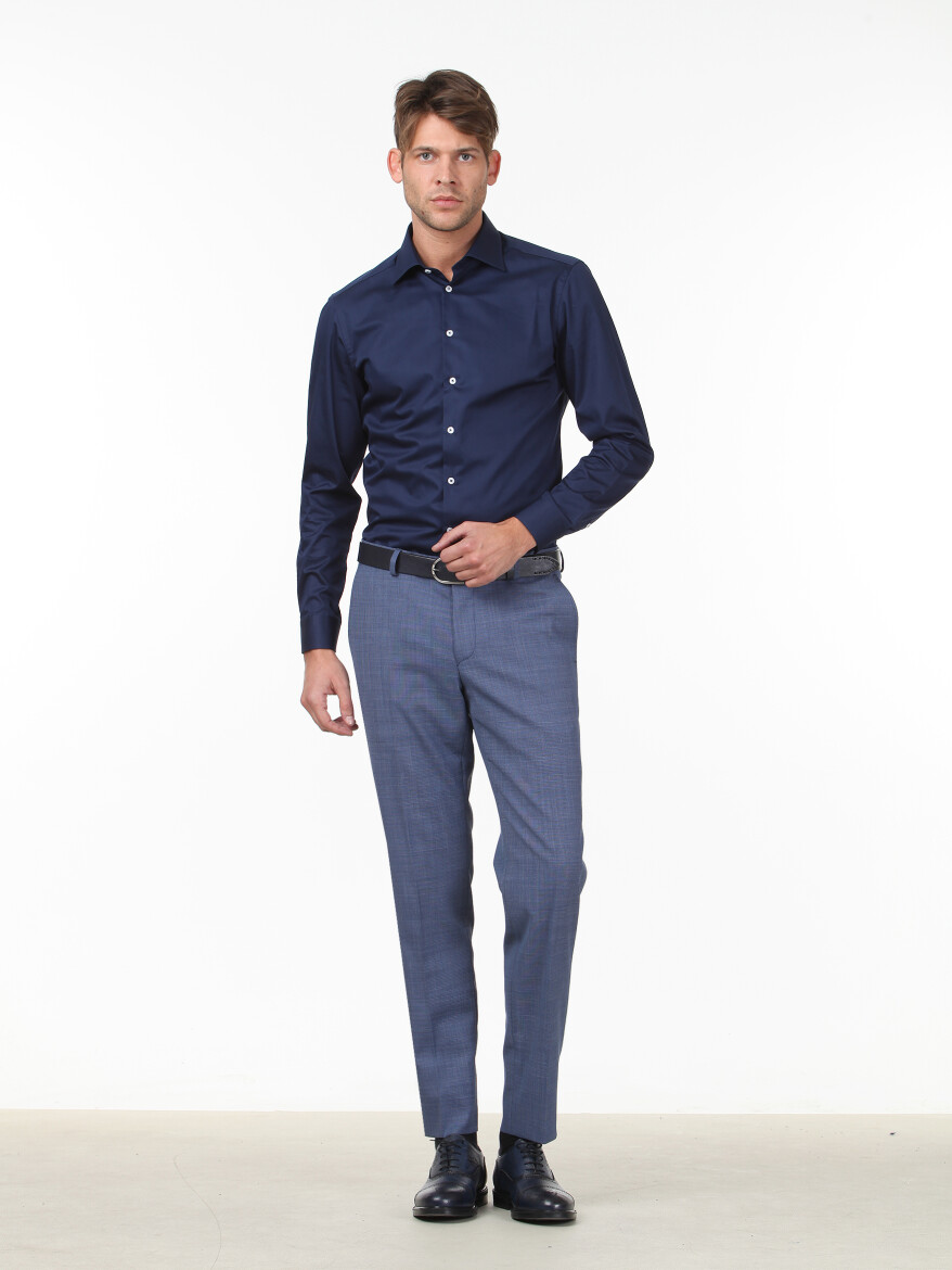 Navy Blue Plain Slim Fit Long Weaving Classical 100% Cotton Shirt - 2