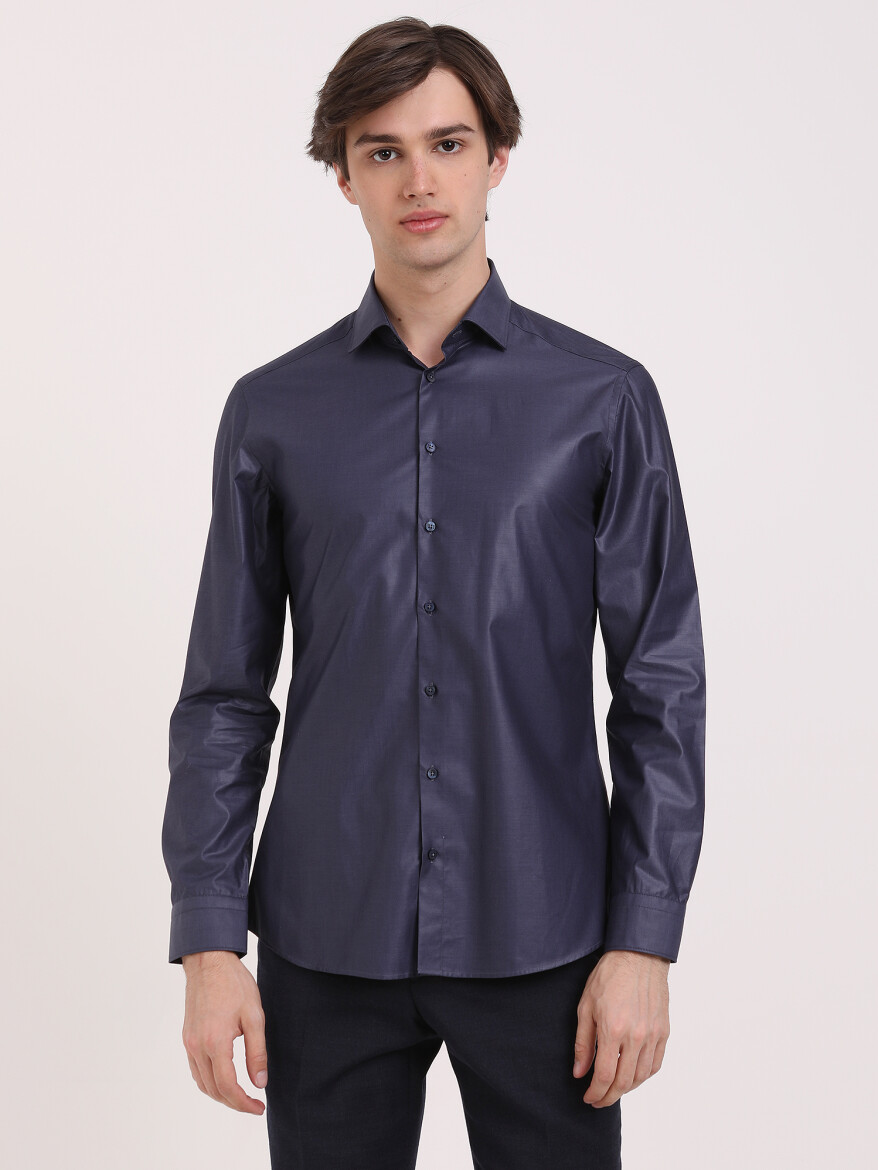 Navy Blue Plain Slim Fit Long Weaving Classical 100% Cotton Shirt - 1