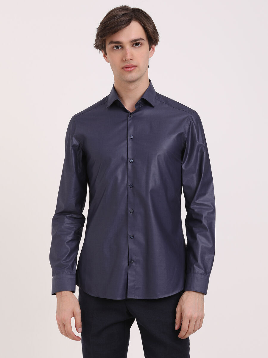Navy Blue Plain Slim Fit Long Weaving Classical 100% Cotton Shirt - 1