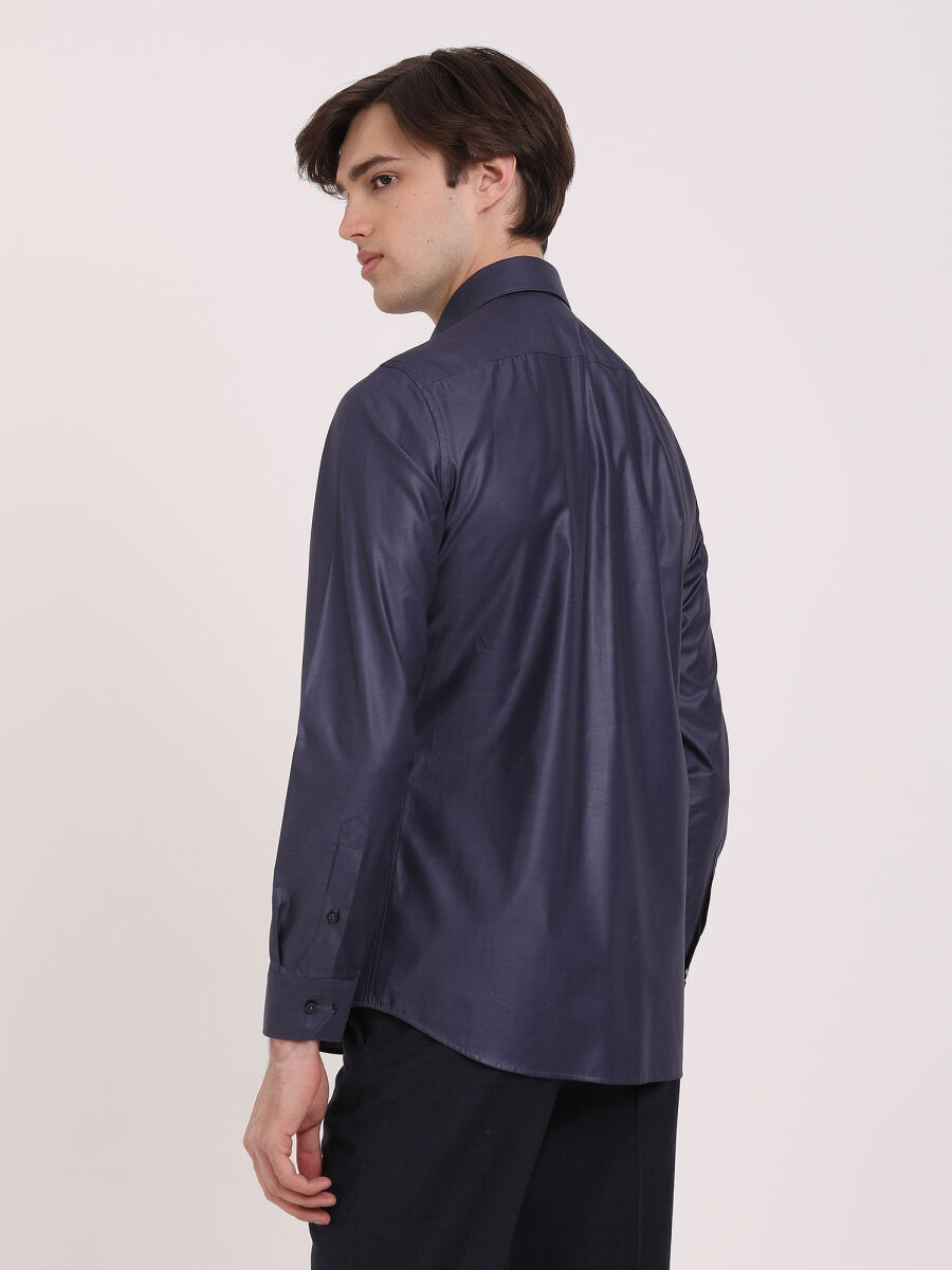 Navy Blue Plain Slim Fit Long Weaving Classical 100% Cotton Shirt - 4