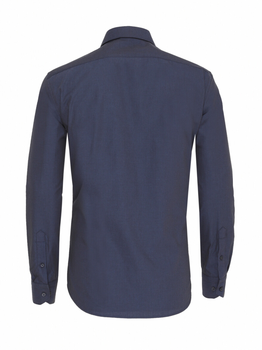 Navy Blue Plain Slim Fit Long Weaving Classical Cotton Blended Shirt - 3