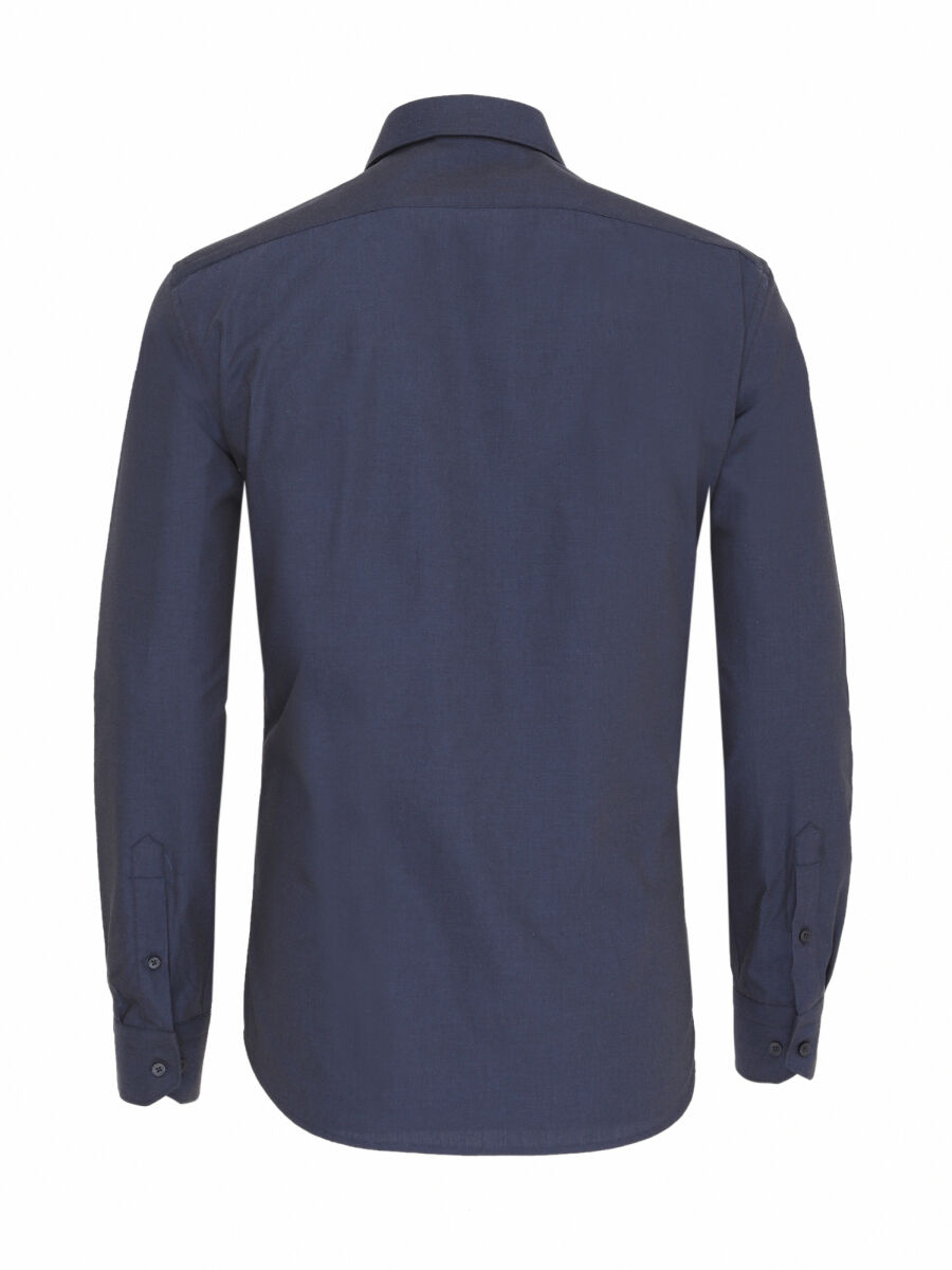 Navy Blue Plain Slim Fit Long Weaving Classical Cotton Blended Shirt - 3