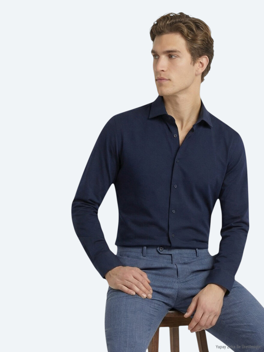 Navy Blue Plain Slim Fit Long Weaving Classical Cotton Blended Shirt - 2