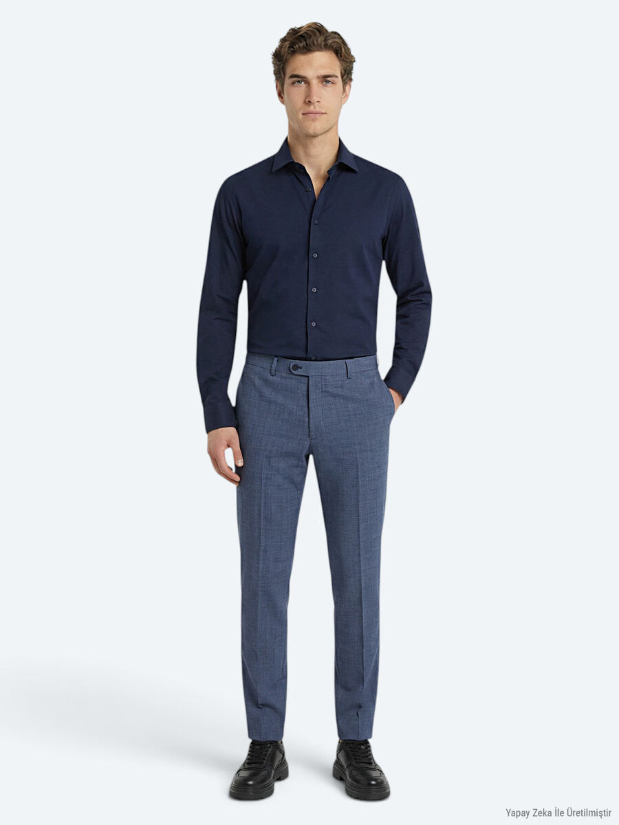 Navy Blue Plain Slim Fit Long Weaving Classical Cotton Blended Shirt - 3