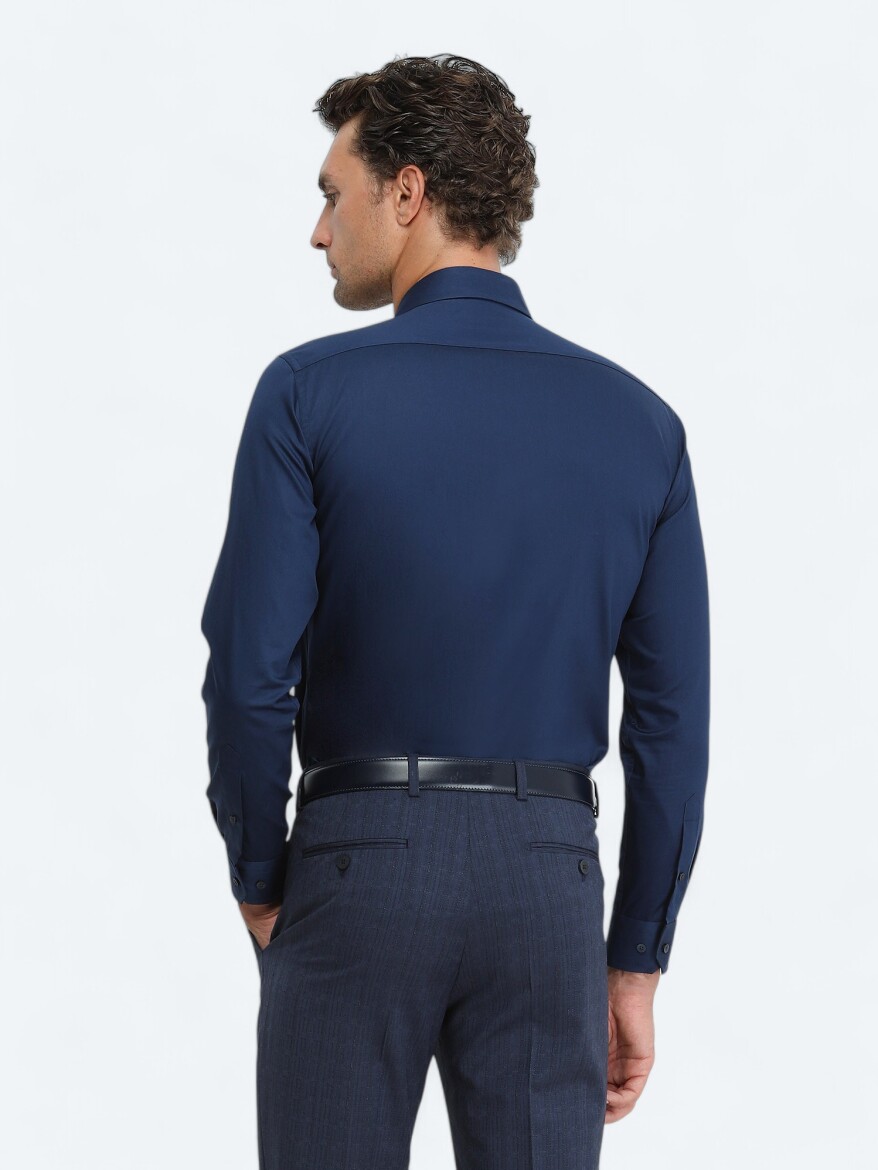 Navy Blue Plain Slim Fit Weaving Classical 100% Cotton Shirt - 4