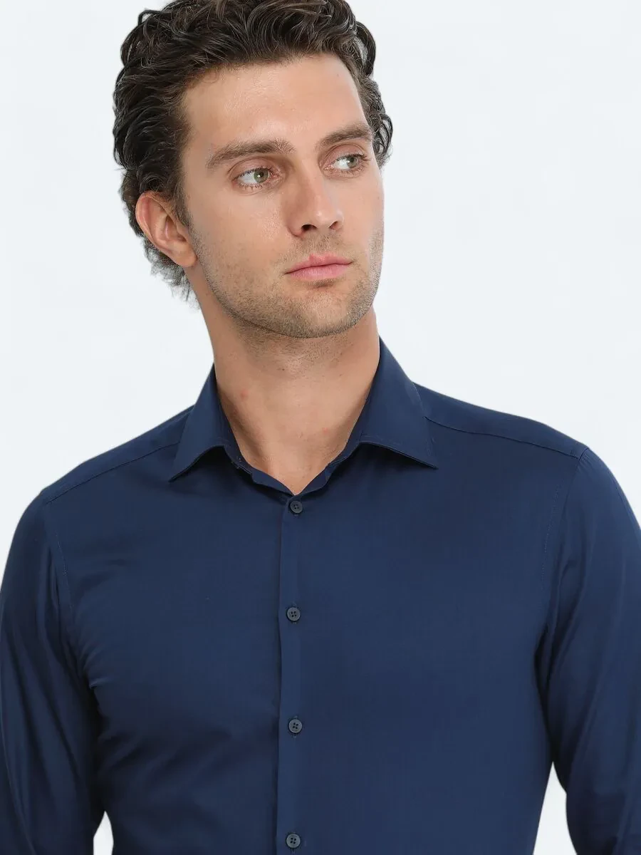Navy Blue Plain Slim Fit Weaving Classical 100% Cotton Shirt - 3