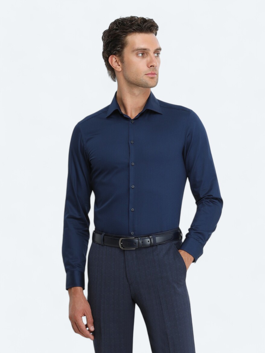 Navy Blue Plain Slim Fit Weaving Classical 100% Cotton Shirt - 1
