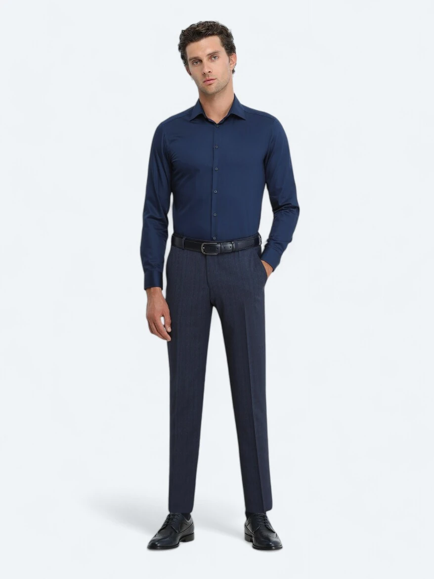 Navy Blue Plain Slim Fit Weaving Classical 100% Cotton Shirt - KİP