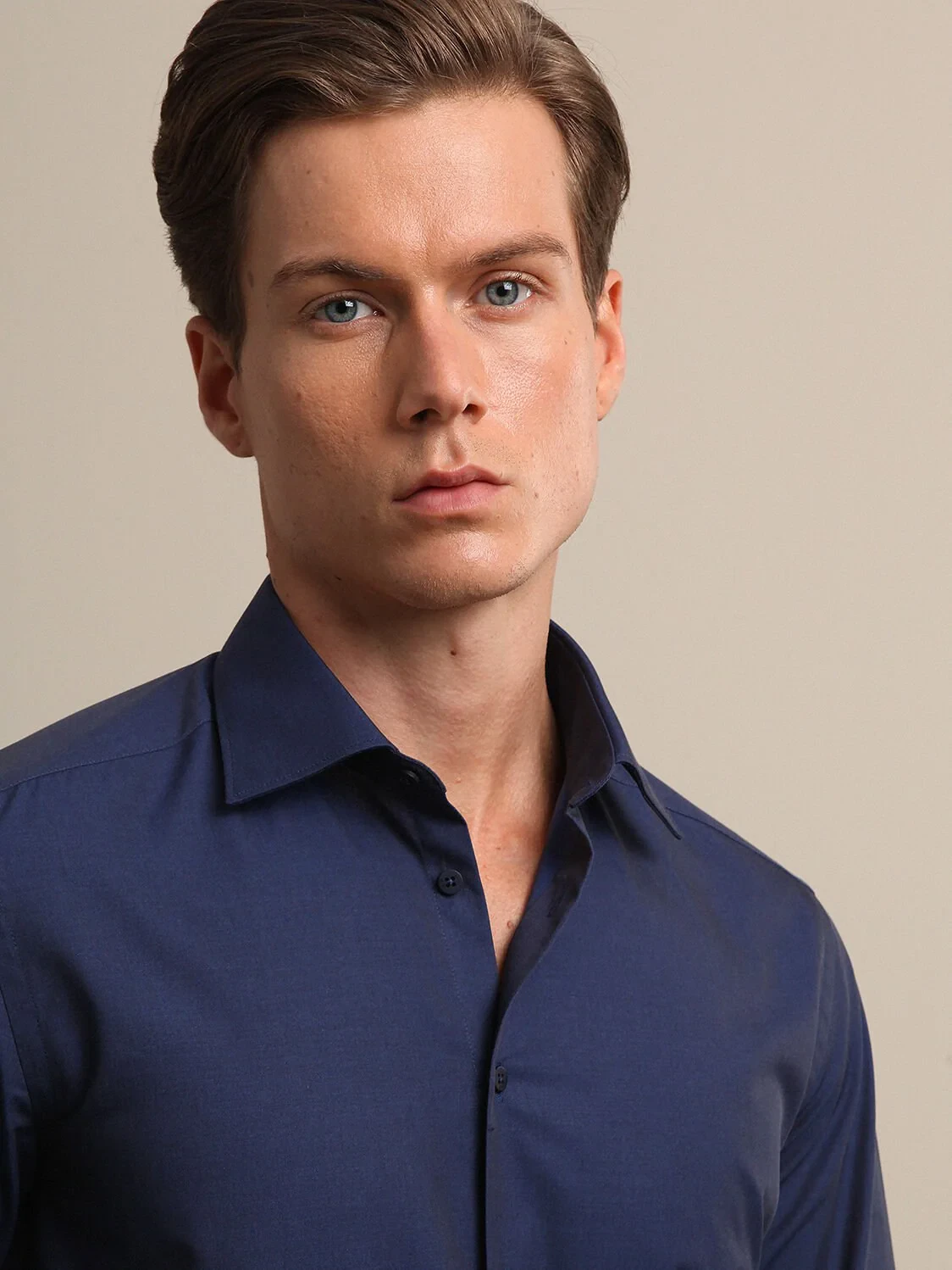 Navy Blue Plain Slim Fit Weaving Classical Cotton Blended Shirt - 1