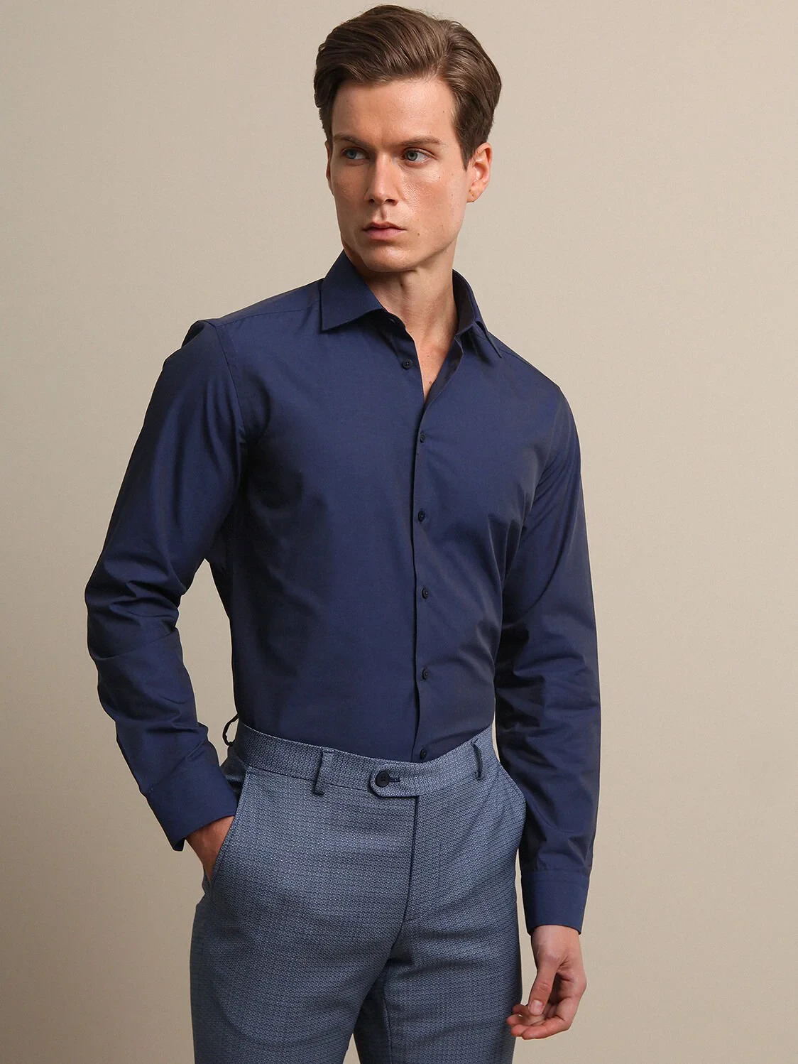 Navy Blue Plain Slim Fit Weaving Classical Cotton Blended Shirt - 3