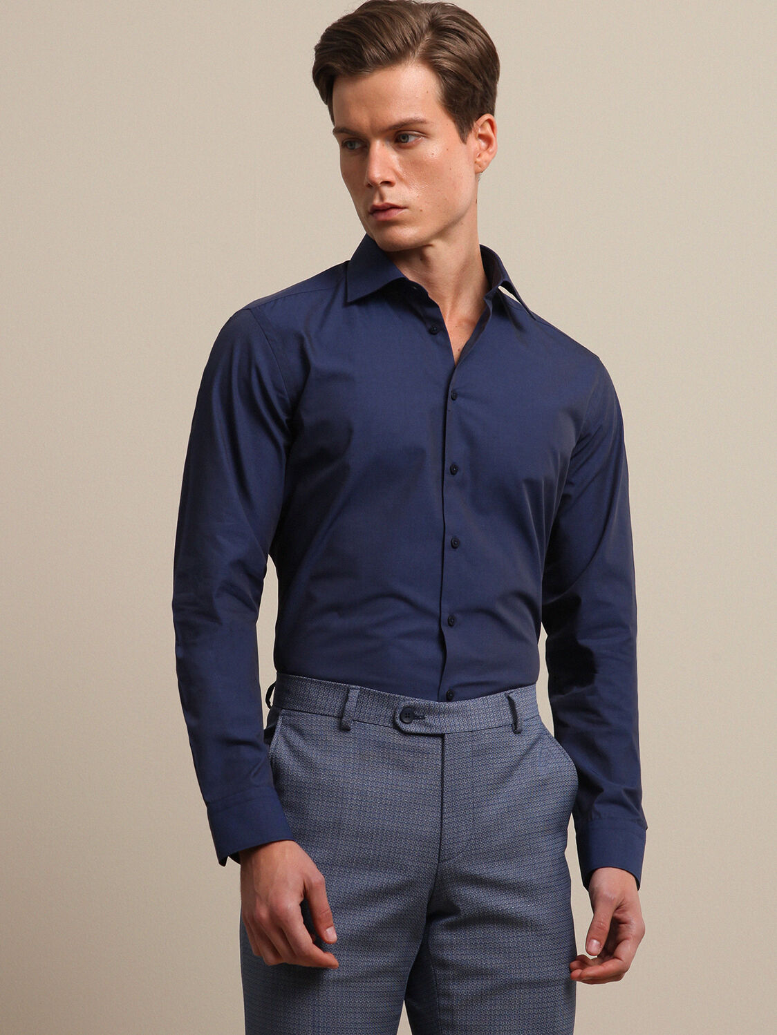 Navy Blue Plain Slim Fit Weaving Classical Cotton Blended Shirt - 2