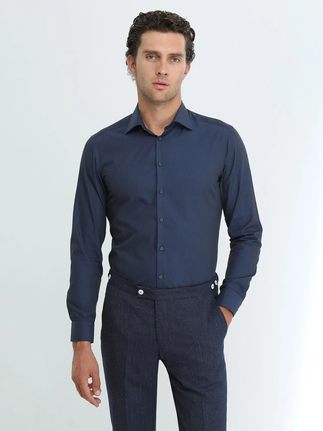 Navy Blue Plain Slim Fit Weaving Classical Cotton Blended Shirt - 1