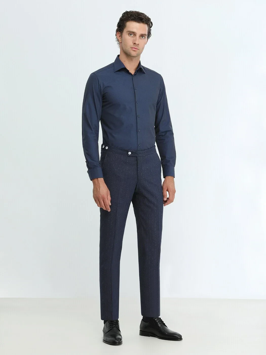 Navy Blue Plain Slim Fit Weaving Classical Cotton Blended Shirt - 2