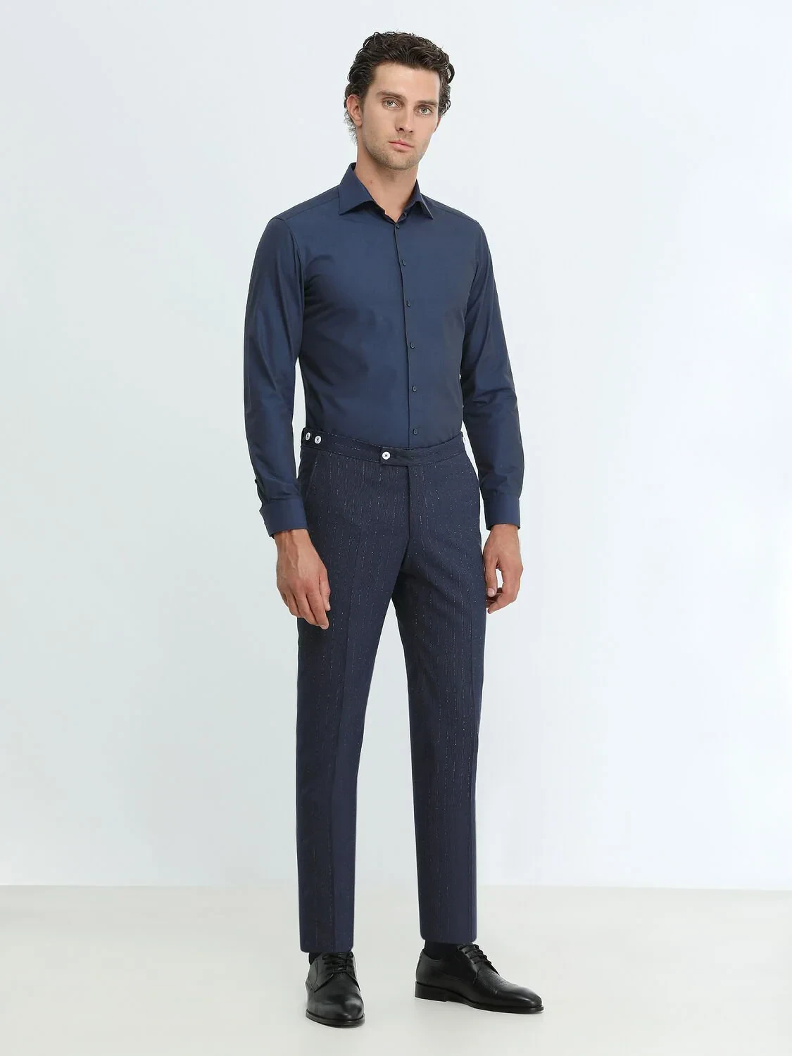 Navy Blue Plain Slim Fit Weaving Classical Cotton Blended Shirt - 2