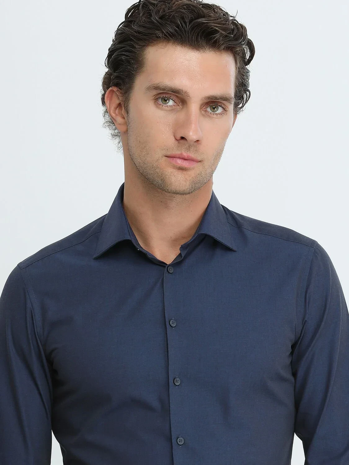 Navy Blue Plain Slim Fit Weaving Classical Cotton Blended Shirt - 3