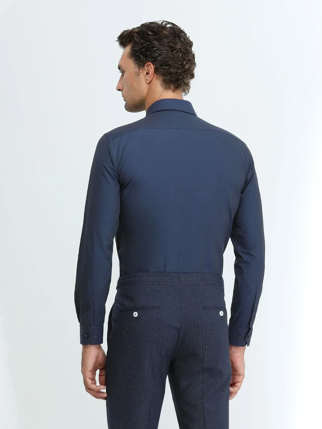 Navy Blue Plain Slim Fit Weaving Classical Cotton Blended Shirt - 4