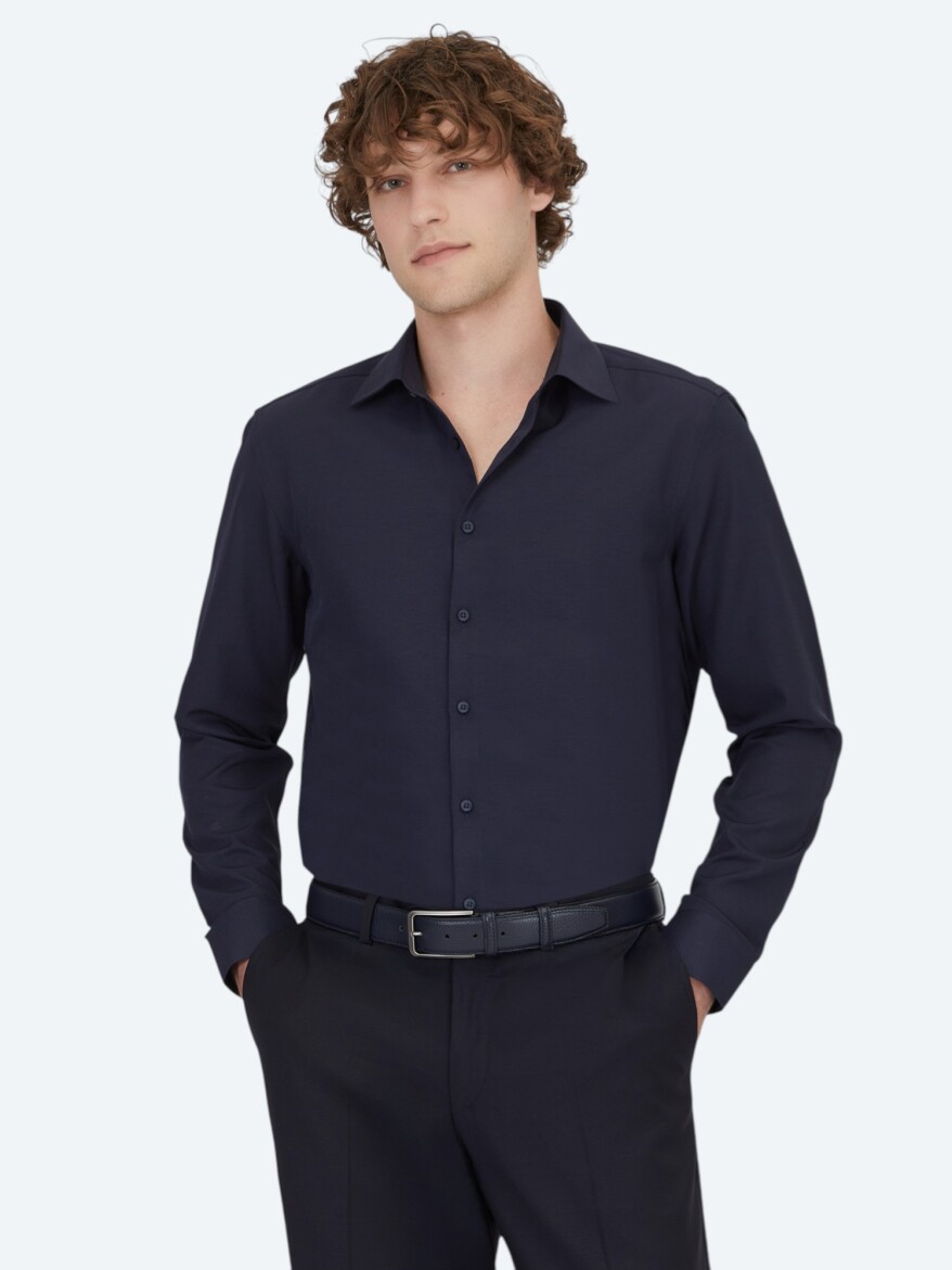 Navy Blue Plain Slim Fit Weaving Classical Cotton Blended Shirt - 1