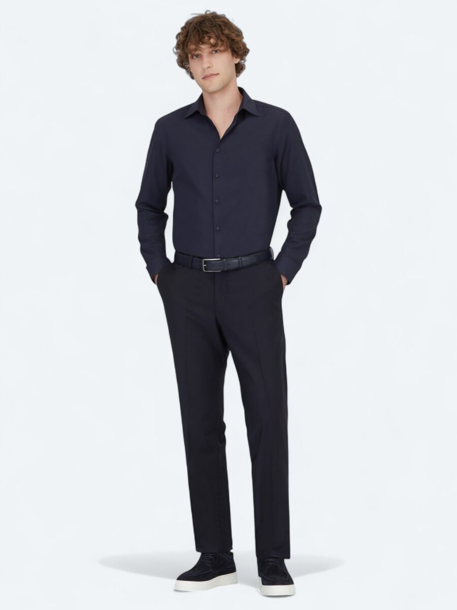 Navy Blue Plain Slim Fit Weaving Classical Cotton Blended Shirt - 2