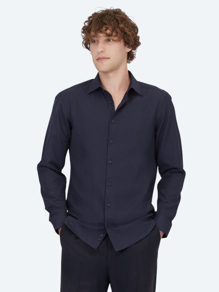 Navy Blue Plain Slim Fit Weaving Classical Cotton Blended Shirt - 3