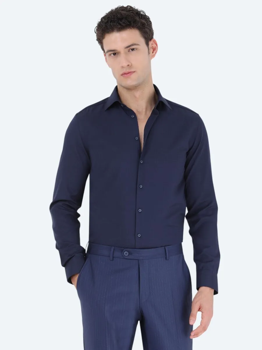 Navy Blue Plain Slim Fit Weaving Classical Cotton Blended Shirt - 1