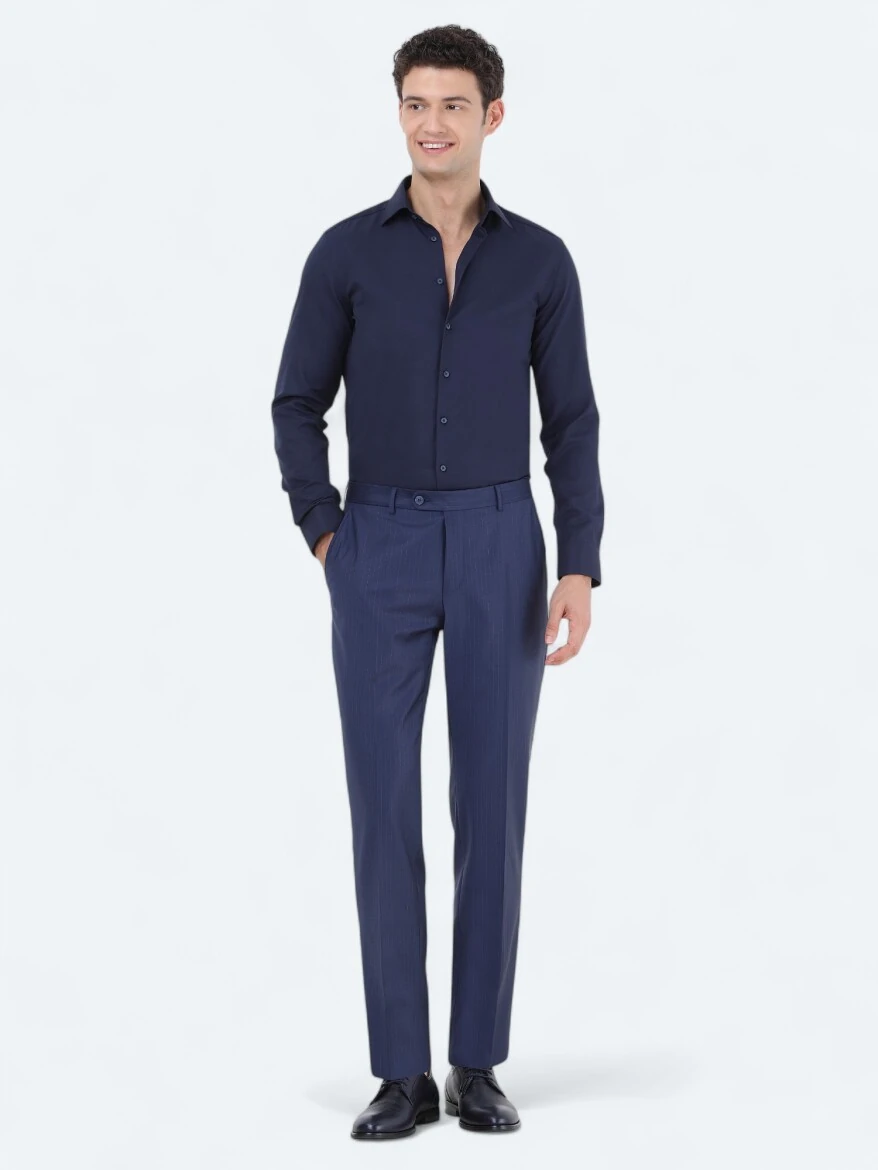 Navy Blue Plain Slim Fit Weaving Classical Cotton Blended Shirt 