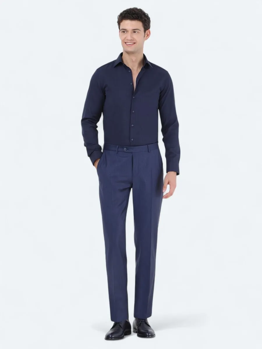 Navy Blue Plain Slim Fit Weaving Classical Cotton Blended Shirt - 2
