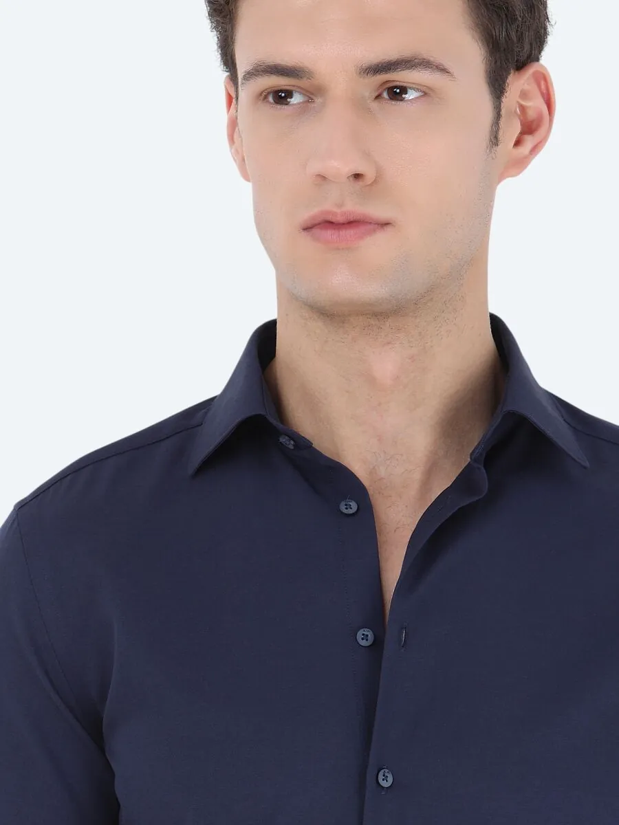 Navy Blue Plain Slim Fit Weaving Classical Cotton Blended Shirt - 3