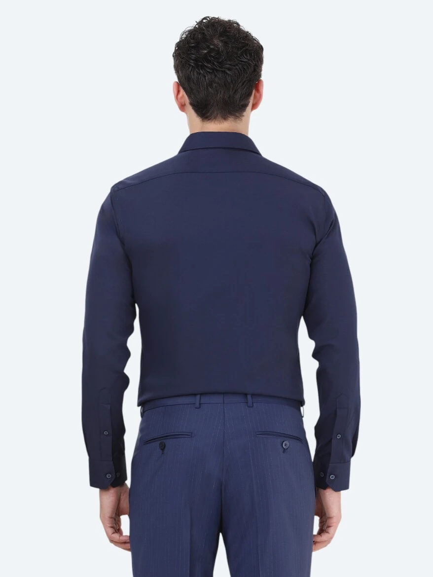 Navy Blue Plain Slim Fit Weaving Classical Cotton Blended Shirt - 4
