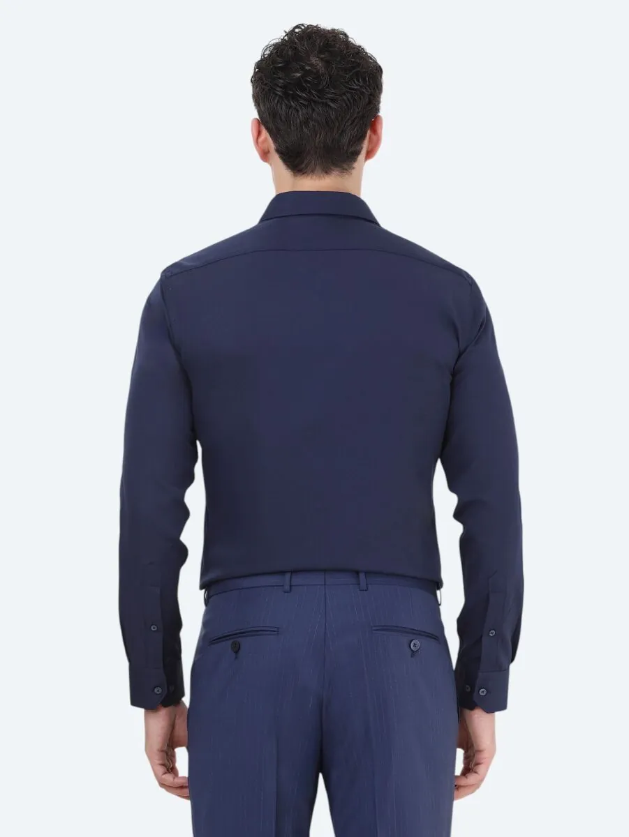 Navy Blue Plain Slim Fit Weaving Classical Cotton Blended Shirt - 4