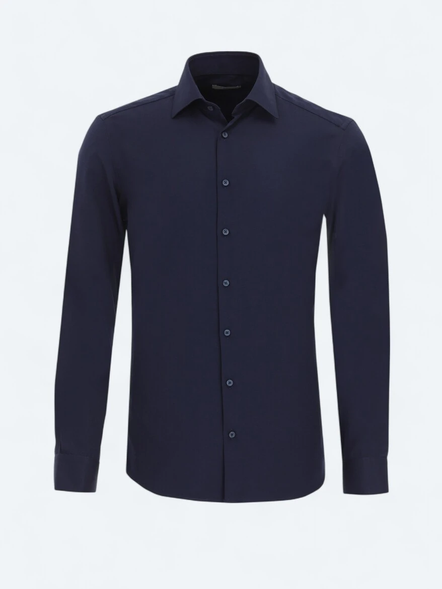 Navy Blue Plain Slim Fit Weaving Classical Cotton Blended Shirt - 5