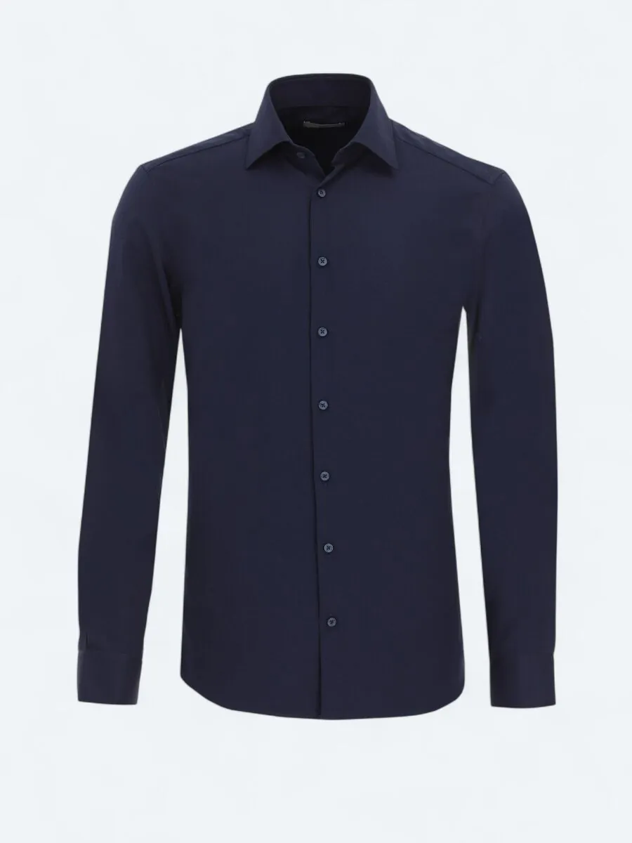 Navy Blue Plain Slim Fit Weaving Classical Cotton Blended Shirt - 5