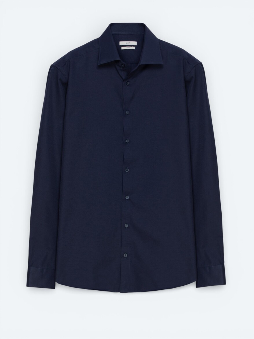 Navy Blue Plain Slim Fit Weaving Classical Cotton Blended Shirt - 5