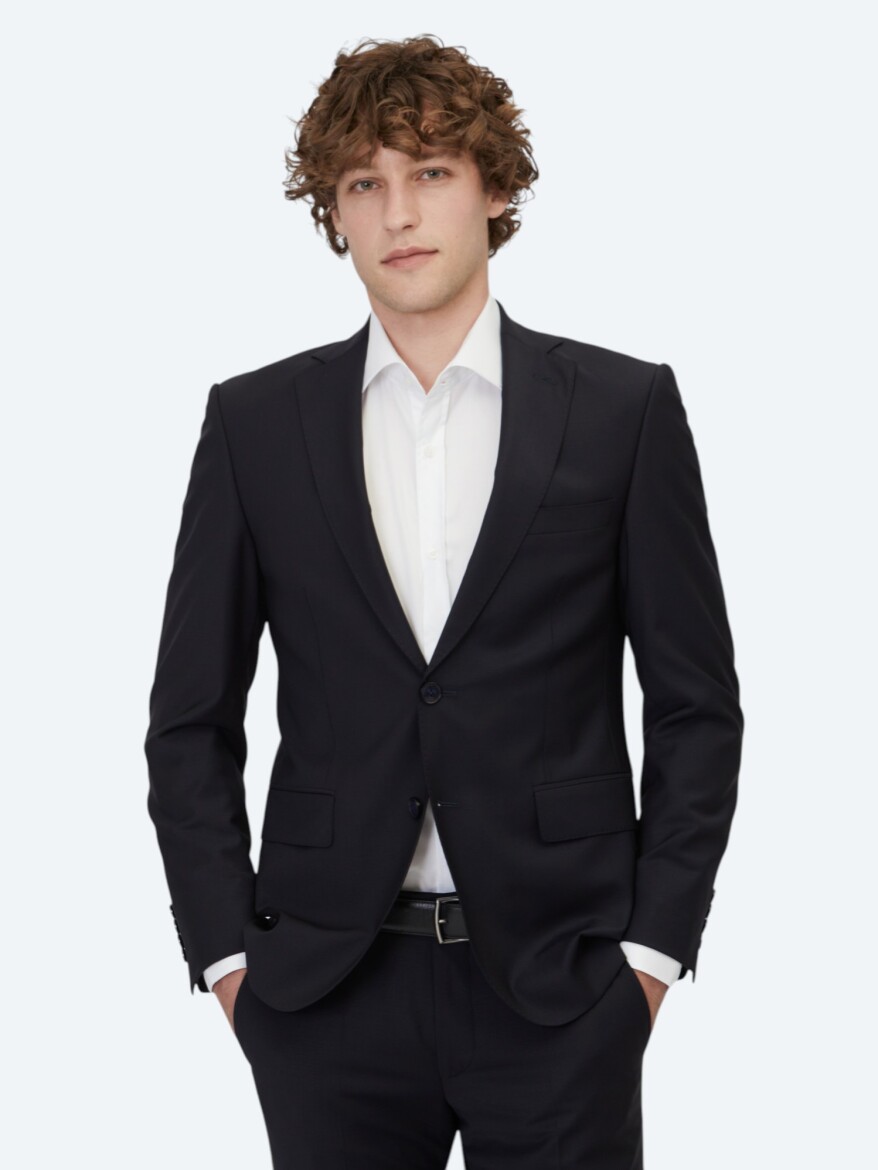 Navy Blue Plain Slim Fit Wool Blended Suit - 1
