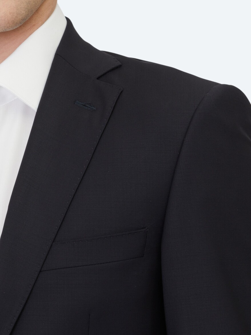 Navy Blue Plain Slim Fit Wool Blended Suit - 4