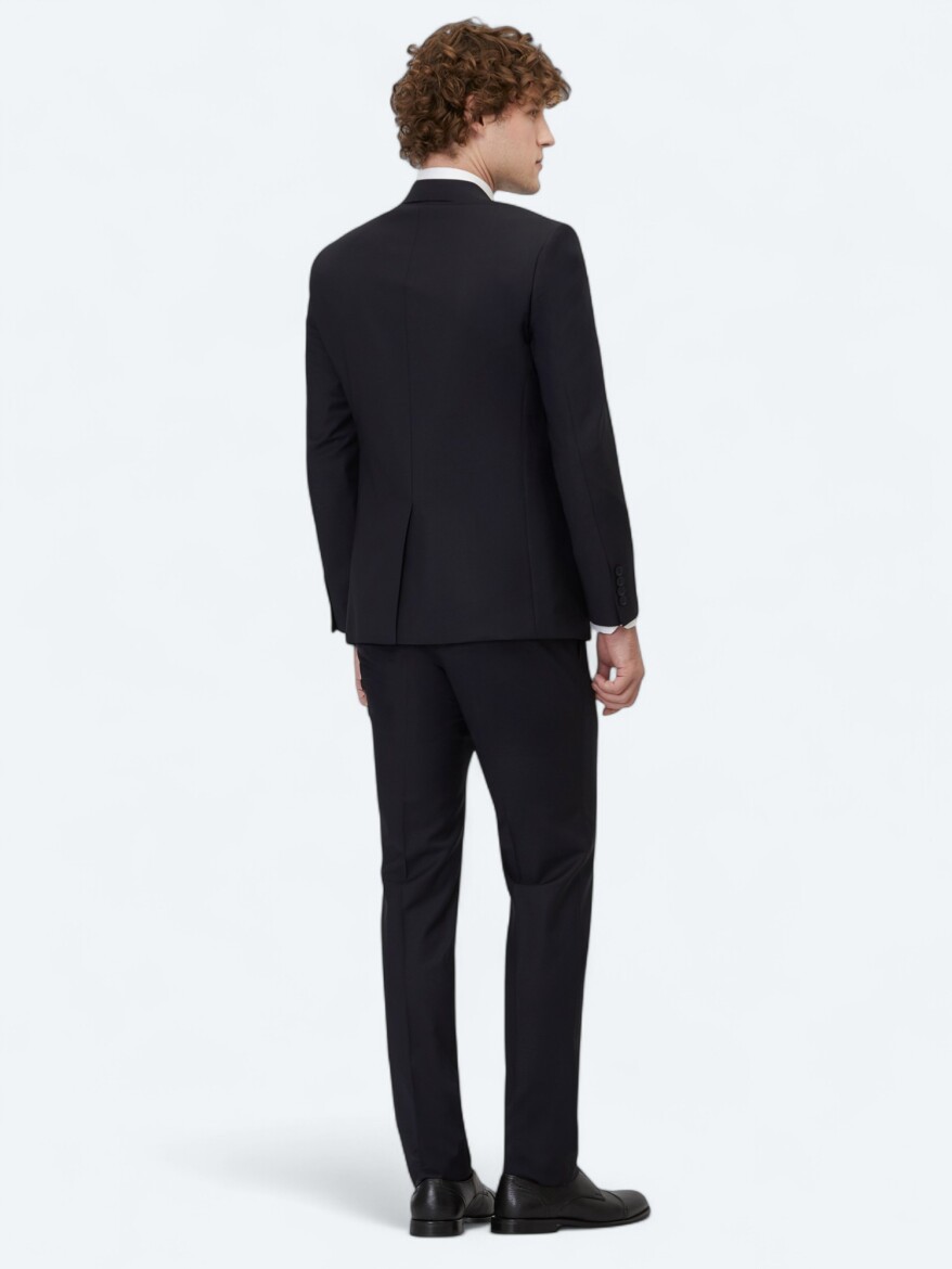 Navy Blue Plain Slim Fit Wool Blended Suit - 5