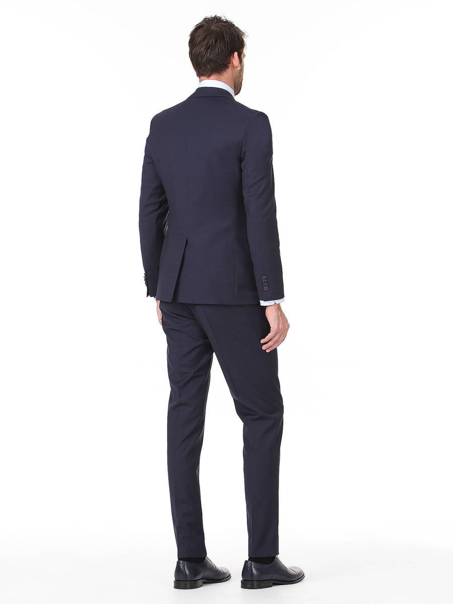 Navy Blue Plain Slim Fit Wool Blended Suit - 4