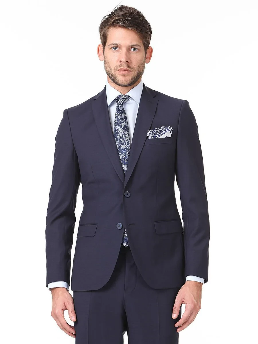 Navy Blue Plain Slim Fit Wool Blended Suit - 1