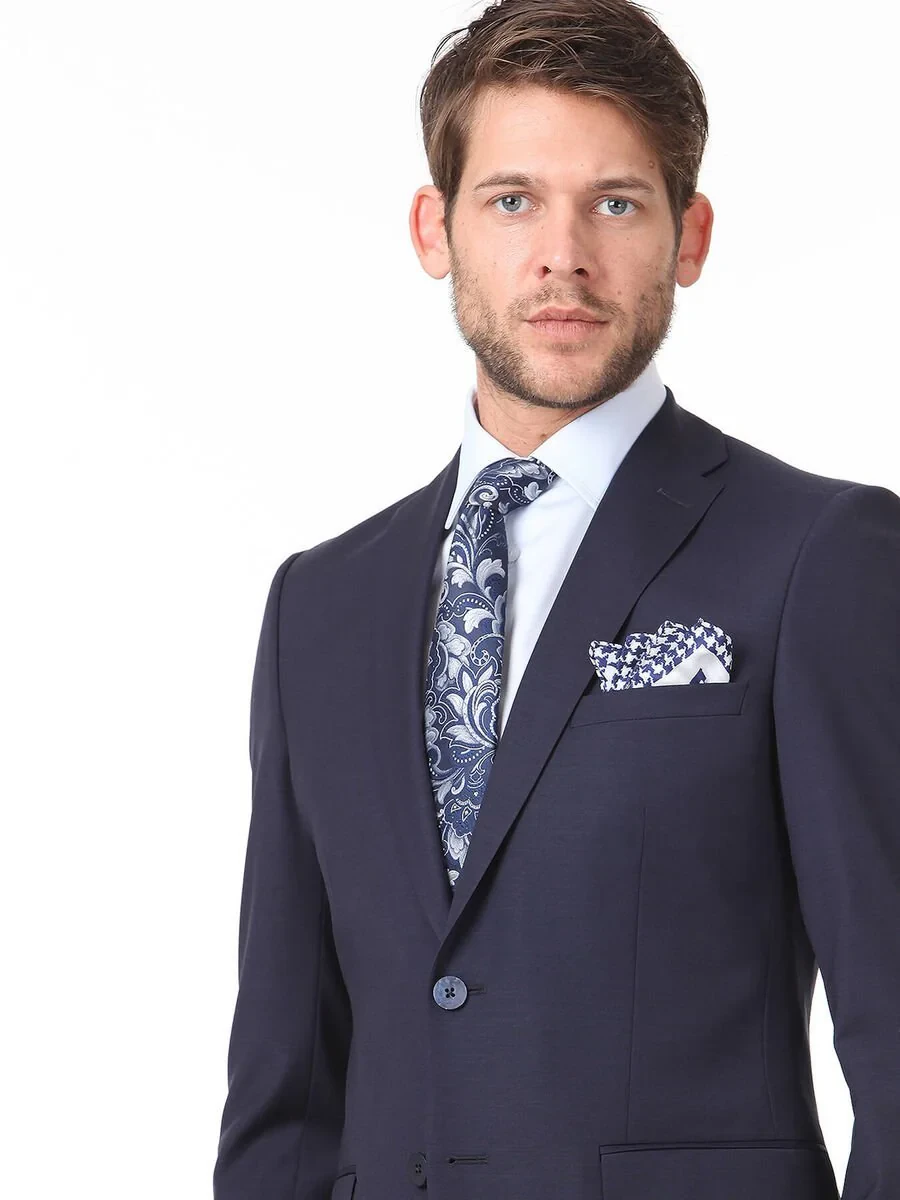 Navy Blue Plain Slim Fit Wool Blended Suit - 2