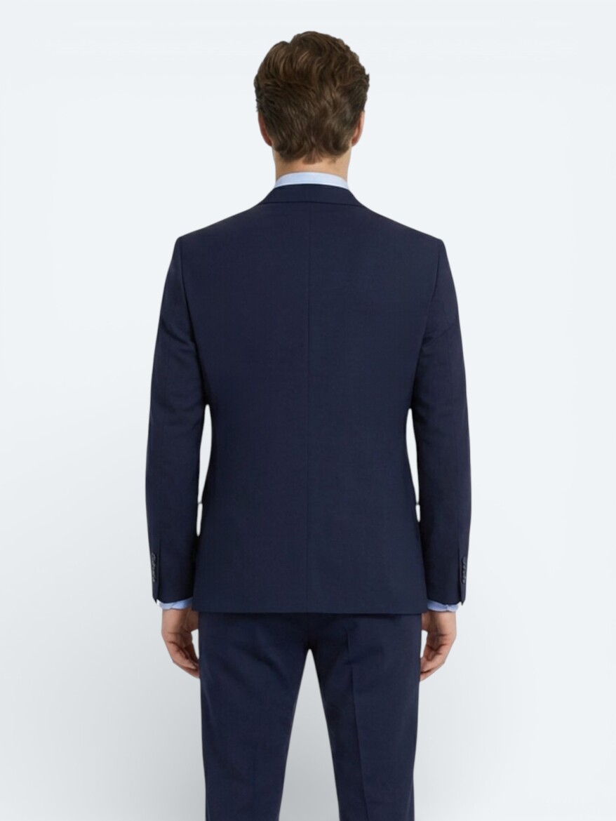 Navy Blue Plain Slim Fit Wool Blended Suit - 4