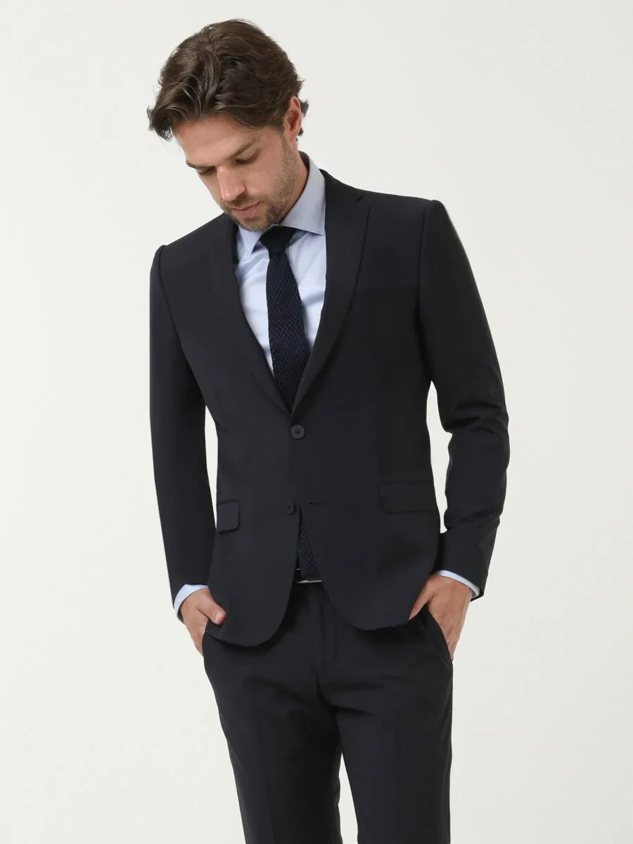 Navy Blue Plain Slim Fit Wool Blended Suit - 3