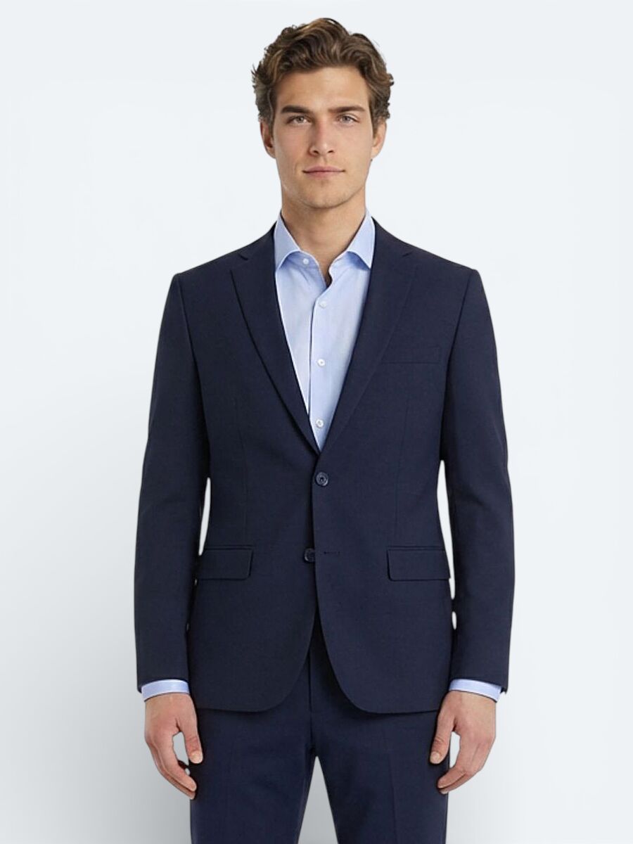 Navy Blue Plain Slim Fit Wool Blended Suit - 1