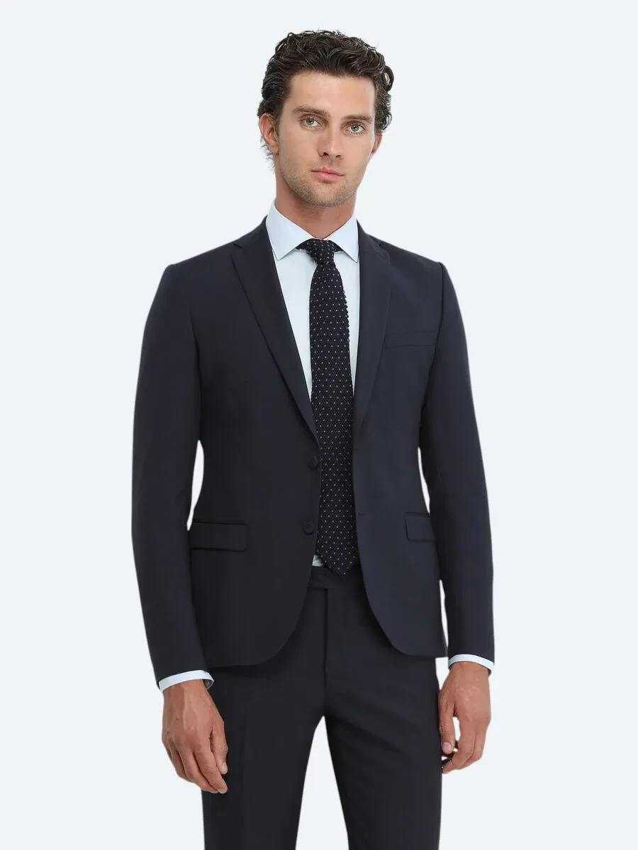 Navy Blue Plain Slim Fit Wool Blended Suit - 4