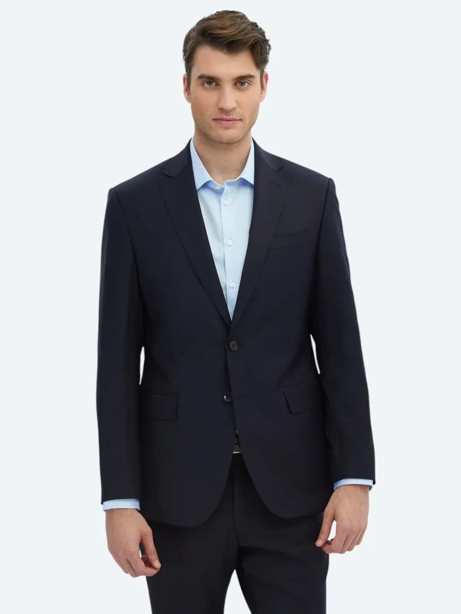 Navy Blue Plain Slim Fit Wool Blended Suit - 1