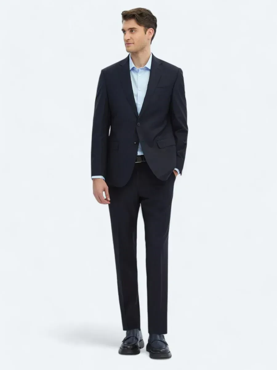 Navy Blue Plain Slim Fit Wool Blended Suit - 2