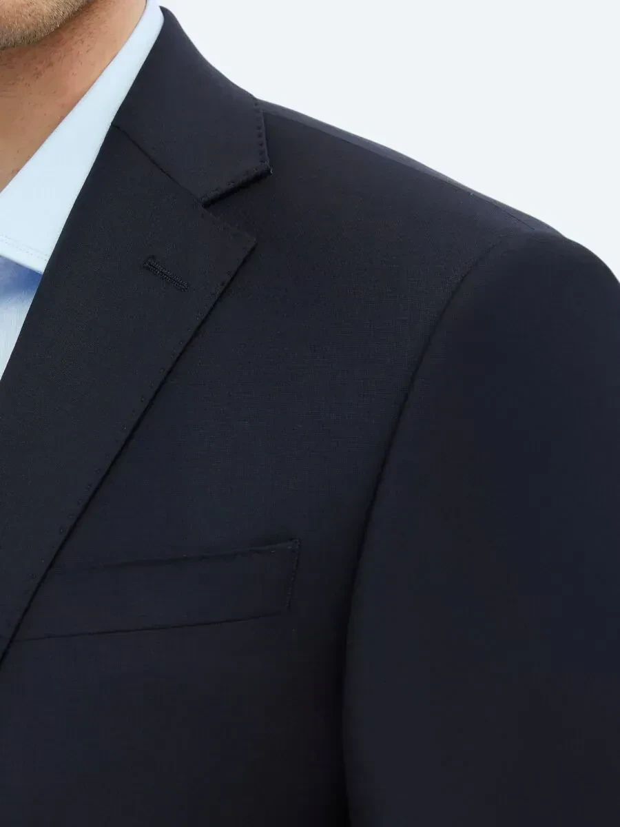Navy Blue Plain Slim Fit Wool Blended Suit - 4