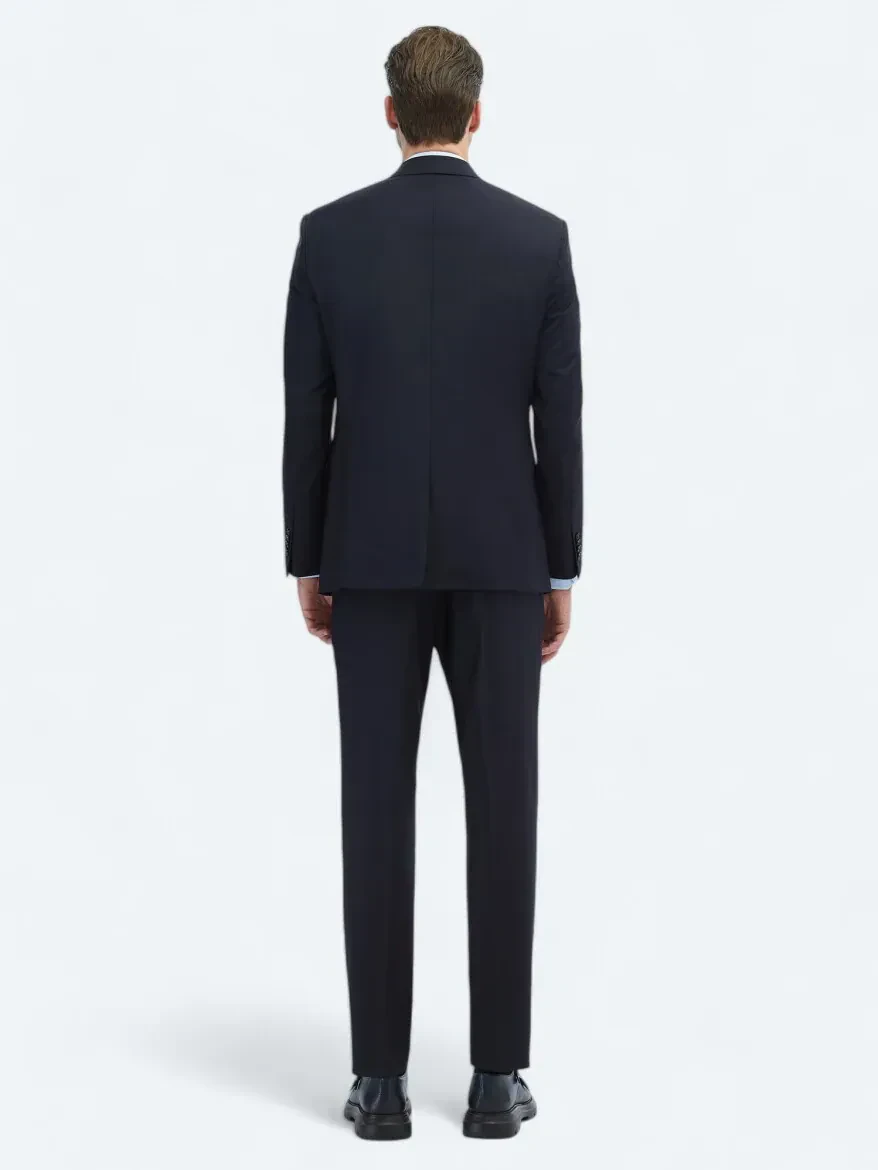 Navy Blue Plain Slim Fit Wool Blended Suit - 5